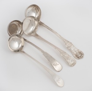 Four antique Scottish sterling silver sauce ladles, early to mid 19th century, the largest 15cm long, 141 grams total.
