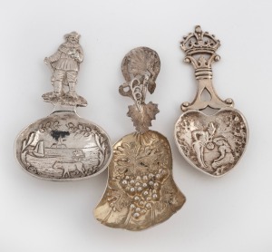 Three antique silver tea caddy spoons, mixed origins and ages, 19th/20th century, the largest 8.5cm high, 40 grams total.
