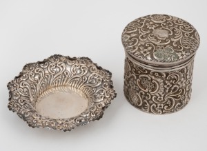 Antique sterling silver lidded jar and dish with repousse floral decoration, 19th/20th century, (2 items), the jar 8cm high, 182 grams total.