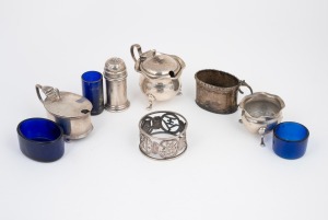 Sterling silver condiments and a Chinese export silver napkin ring, 19th/20th century, (6 items), 179 grams total.
