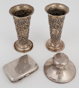 A vintage sterling silver cigarette case (65 grams); together with a pair of antique sterling silver vases (weighted bases) and a sterling silver ink well (weighted base), 20th century, (4 items), the vases 13cm high.
