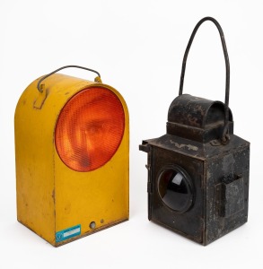 Two vintage signal lanterns, one in yellow finish, 20th century, the larger 33cm high.