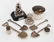 An antique sterling silver and tortoise shell lidded vanity case, silver overlay glass scent bottle, two sterling silver ointment jars, after RODIN "The Kiss" pewter miniature statuette, plus four antique silver plated sugar shovels, 19th/20th century, (9