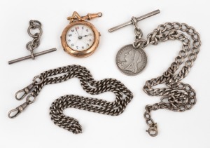 Two antique sterling silver fob watch chains (52 grams total); together with a vintage 9ct gold cased wristwatch with 9ct gold bulldog clip (14.8 grams including movement), 19th/20th century, (4 items).