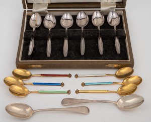 A set of six Norwegian gilt silver and enamel coffee spoons; together with a boxed set of six sterling silver teaspoons and two Australian silver teaspoons, 20th century, 120 grams total.