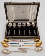 A set of six Norwegian gilt silver and enamel coffee spoons; together with a boxed set of six sterling silver teaspoons and two Australian silver teaspoons, 20th century, 120 grams total. - 2