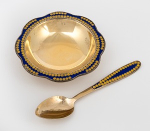 A Russian silver bowl and spoon with enamel decoration and original gilt finish, stamped "916" with Soviet assay mark and Cyrillic maker's mark, (2 items), the bowl 8.5cm wide, 82 grams total.