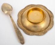 A Russian silver bowl and spoon with enamel decoration and original gilt finish, stamped "916" with Soviet assay mark and Cyrillic maker's mark, (2 items), the bowl 8.5cm wide, 82 grams total. - 2