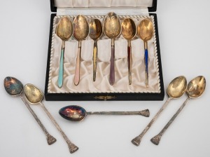 Assorted sterling silver teaspoons, including Danish enamel decorated examples, 20th century, (11 items), 113 grams total.