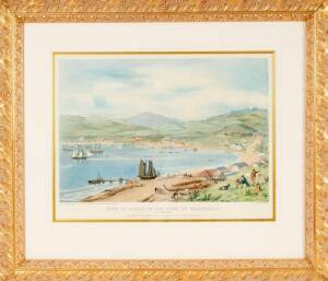 "View of a Part of the Town of Wellington" colour lithograph from a drawing by Charles Heaphy done in 1844. 55 x 41cm