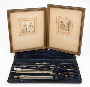 Two antique hand-coloured miniature prints; together with an antique cartography set in leather case, (3 items), the cartography 24.5cm wide.
