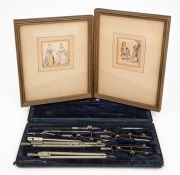Two antique hand-coloured miniature prints; together with an antique cartography set in leather case, (3 items), the cartography 24.5cm wide.