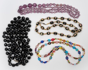 Two vintage Murano glass bead necklaces; together with two glass bead necklaces, 20th century, (4 items), the largest 150cm long.