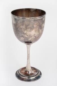 An antique English sterling silver chalice cup with engraved decoration and blank cartouche, marks rubbed, 19th century, 20cm high, 278 grams.