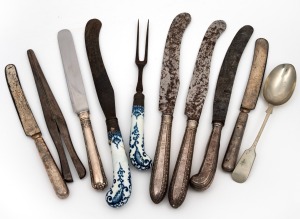 Assorted antique and vintage silver and porcelain handled knives, glove stretcher, Tasmanian silver spoon etc., 18th, 19th and 20th century, (10 items), the largest 28.5cm long.