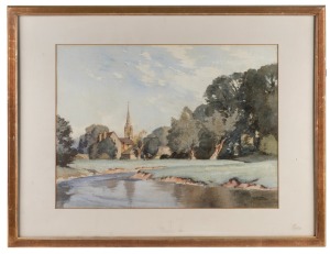 KENNETH BROOKES, framed watercolour of a country church; together with a framed Old Master's print, (2 items), the larger 49 x 69cm overall.