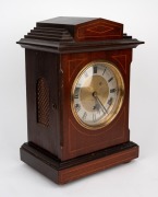 An antique German mantle clock in inlaid mahogany case, three train time and gong strike movement with Roman numerals, circa 1900, 38cm high. - 2