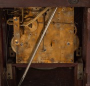 An antique German mantle clock in inlaid mahogany case, three train time and gong strike movement with Roman numerals, circa 1900, 38cm high. - 4