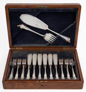 An antique silver plated fish cutlery service for twelve places, housed in original oak canteen, 19th/20th century. Note: Missing ownership cartouche to the lid. The canteen 38cm wide.