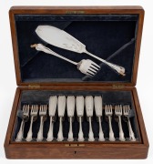 An antique silver plated fish cutlery service for twelve places, housed in original oak canteen, 19th/20th century. Note: Missing ownership cartouche to the lid. The canteen 38cm wide.