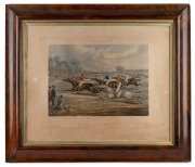 An antique English rosewood picture frame with original gilt slip and glass, housing a steeplechase print, 59 x 69cm overall, internal measurement 42.5 x 53cm.