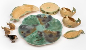 SHORTER & SON vintage English porcelain fish patterned serving dishes, six side plates, two jugs and a pair of condiments; together with a green and purple glazed savoury dish and additional fish condiments (14 items), the savoury dish 33cm wide.
