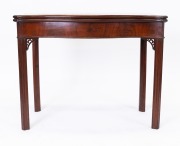 An antique English Chippendale period serpentine fronted mahogany card table with wool lined gaming surface and concertina action support, circa 1770, 74cm high, 94cm wide, 47cm deep. - 3