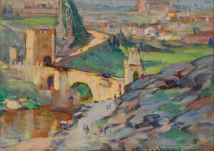 CHARLES WHEELER (1881-1977): Oil on board, European landscape with castle & bridge. 21 x 15cm