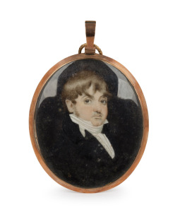A fine quality Regency period miniature portrait of a young gentleman, hand-painted on ivory and mounted in 9ct rose gold, the reverse attractively decorated with locks of hair and enamel decoration, circa 1820, 10cm high overall.