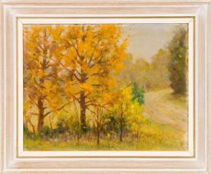 CHARLES WHEELER (1881-1977): Oil on board Autumn landscape, signed lower left. 39 x 29cm. Also includes artists catalogue from the Athenaeum Gallery.