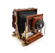HOUGHTON: "Stereo Victo" triple-extension stereo view camera, early 20th century, plate dimensions 12 x 16cm, monocular Hugo Meyer Goerlitz Double-Plasmat 5&frac14;" f4 lens with cap, Thornton-Pickard roller-blind shutter, "Harrington Sydney & Brisbane" retailer