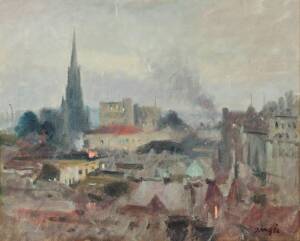 SIR WILLIAM ALEXANDER DARGIE (1912-2003): Oil on canvas board of a city skyline. 49 x 39cm