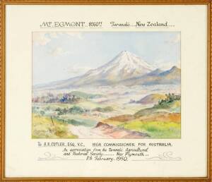 Sir Arthur Roden Cutler, Esq. V.C. Framed watercolour by Bernard Ford Aris (New Zealand) titled & notated on mount "Mt Egmont 8260 ft Taranaki New Zealand". This painting was presented to Cutler in Feb 1950. 35 x 24cm