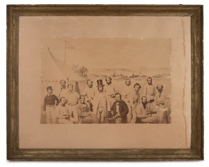 VICTORIAN CRICKET TEAM antique black white albumen photograph of an earlier collage image of the 1859 touring team to Sydney, signed in pencil "FREEMAN BROS. PHOTO. Sydney, 1859", laid down on card and framed, 45 x 58cm overall.