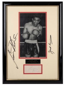 LIONEL ROSE framed photographic display with strong signature on piece and additionally signed on the glass, 56 x 42cm overall.