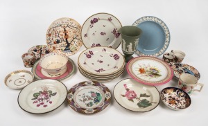 Assorted antique porcelain plates, cups, dishes, Wedgwood jasper ware etc., 19th and 20th century, (qty).