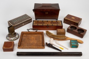 Antique rosewood tea caddy, assorted antique and vintage boxes, crumb tray and brush, clay pipes, matchbox holder, etc., 19th/20th century, (qty).