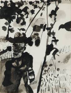 JOHN OLSEN (1928-): Ink wash of a figure in landscape. Signed & dated lower right 1969. 27 x 35cm