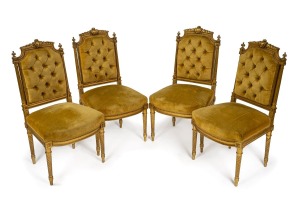 A set of four antique French Louis XVI style gilded salon chairs with handsome carved decoration and gold velvet upholstery, 19th century, 100cm high.