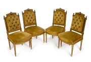 A set of four antique French Louis XVI style gilded salon chairs with handsome carved decoration and gold velvet upholstery, 19th century, 100cm high.