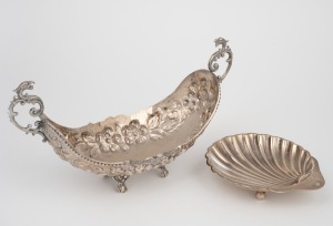 An English sterling silver shell shaped dish; together with a Continental silver bowl with dragon handles, 20th century, (2 items), the larger 24cm wide, 239 grams.