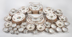 SPODE COPELAND "Peplow" pattern vintage English porcelain dinner ware, an attractive service originally for twelve with some losses and damage, includes meat platters, tureens, soup coups, gravy boats, tea and coffee ware, dinner and entree plates, 20th century, (qty).