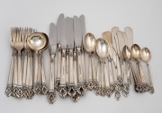 Mexican sterling silver cutlery made in the Georg Jensen style with Danish steel blades, setting for eight (missing one soup spoon), mid 20th century, (47 items), 1,581 grams total not including the knives.