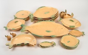 SHORTER & SON vintage English porcelain fish patterned dinner service, setting for six including serving platters, tureens, bowls, condiments and sauce boats, mid 20th century, (32 items), the largest platter 53cm wide.