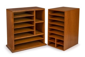 Two vintage desktop paper tidies, including one example in Queensland maple, early to mid 20th century, 46cm high each.