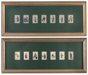 A set of fourteen antique Chinese hand-painted scenes on silk, attractively displayed in two frames, 19th century, ​​​​​​​each image approximately 8.5 x 5.5cm, each frame 36 x 89cm overall.