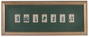 A set of fourteen antique Chinese hand-painted scenes on silk, attractively displayed in two frames, 19th century, ​​​​​​​each image approximately 8.5 x 5.5cm, each frame 36 x 89cm overall. - 2