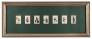 A set of fourteen antique Chinese hand-painted scenes on silk, attractively displayed in two frames, 19th century, ​​​​​​​each image approximately 8.5 x 5.5cm, each frame 36 x 89cm overall. - 3