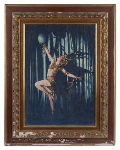 ARTIST UNKNOWN, (Art Deco dancing woman), oil on board, 50 x 35cm, 70 x 55cm overall.