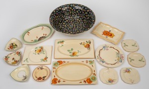 Assorted antique and vintage English porcelain dishes, side plates and floral bowl, makers include CLARICE CLIFF, ROYAL STAFFORDSHIRE and GRIMWADES, (13 items), the largest 27cm diameter.